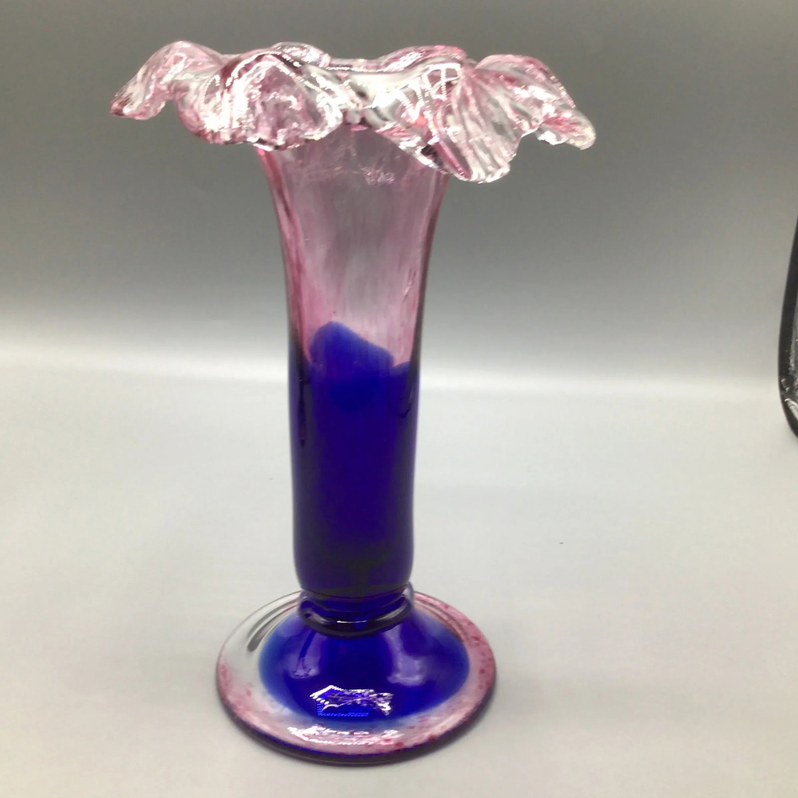 Murano Colbalt Blue With Pink Swirl Floral Studio Art Glass Vases - A Pair - 3