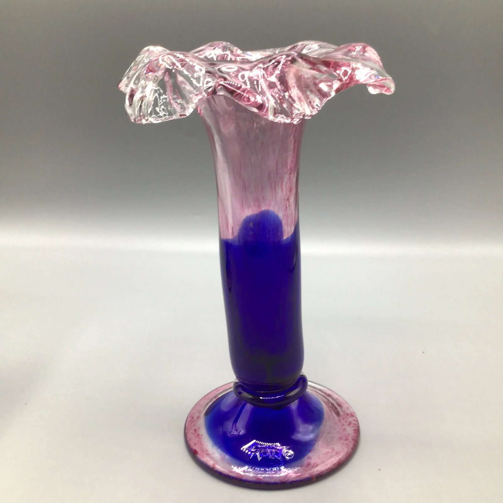 Murano Colbalt Blue With Pink Swirl Floral Studio Art Glass Vases - A Pair - 4