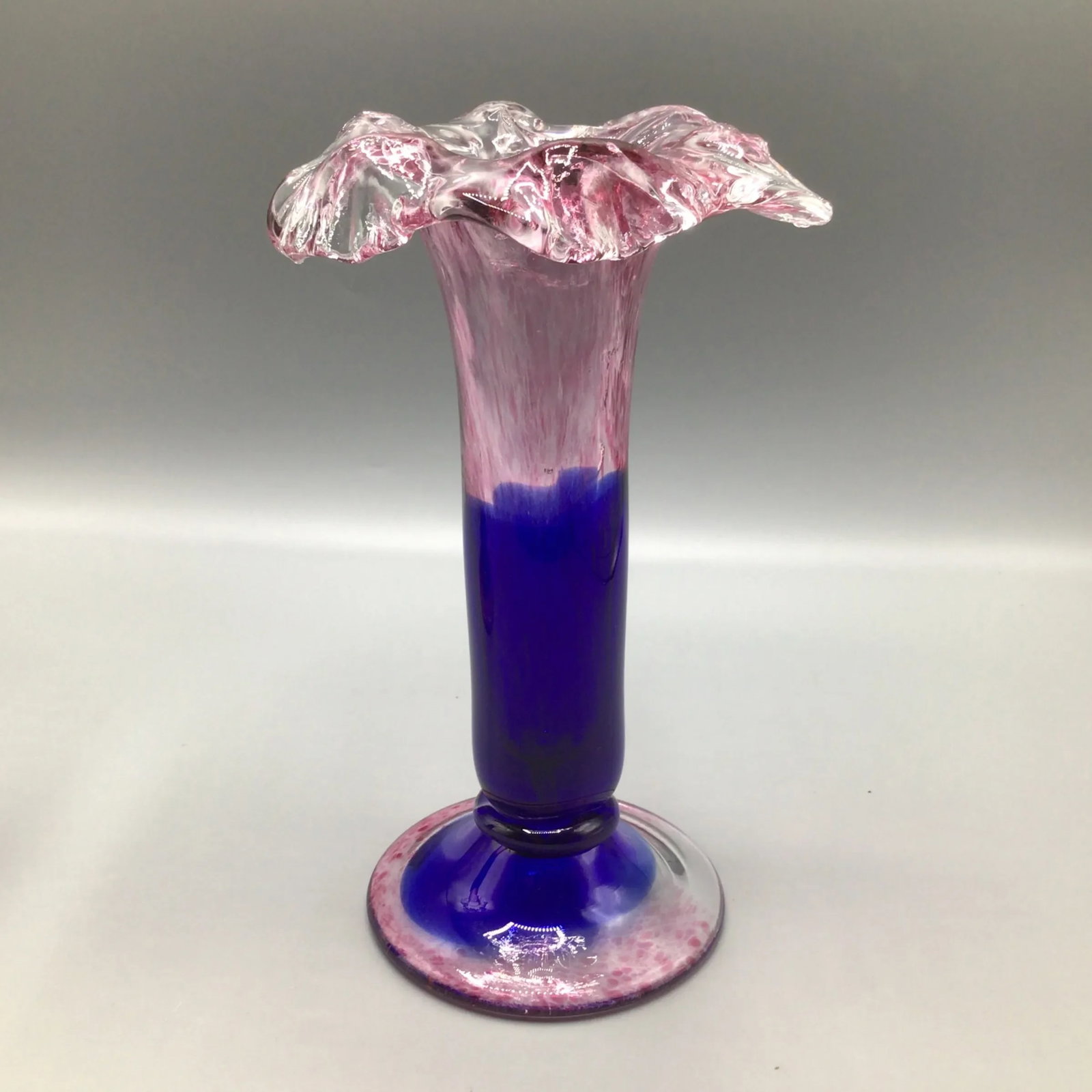 Murano Colbalt Blue With Pink Swirl Floral Studio Art Glass Vases - A Pair - 5