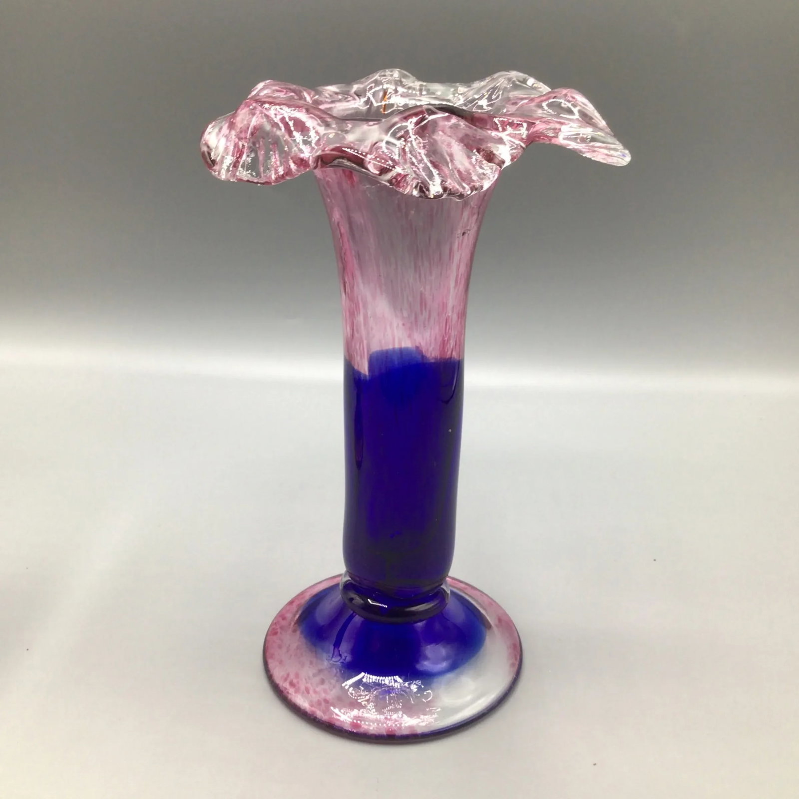 Murano Colbalt Blue With Pink Swirl Floral Studio Art Glass Vases - A Pair - 6