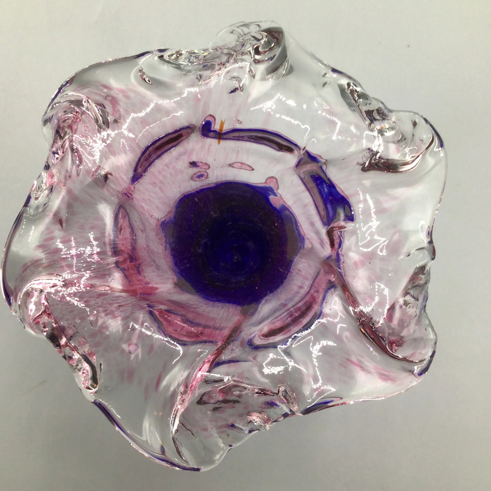 Murano Colbalt Blue With Pink Swirl Floral Studio Art Glass Vases - A Pair - 7