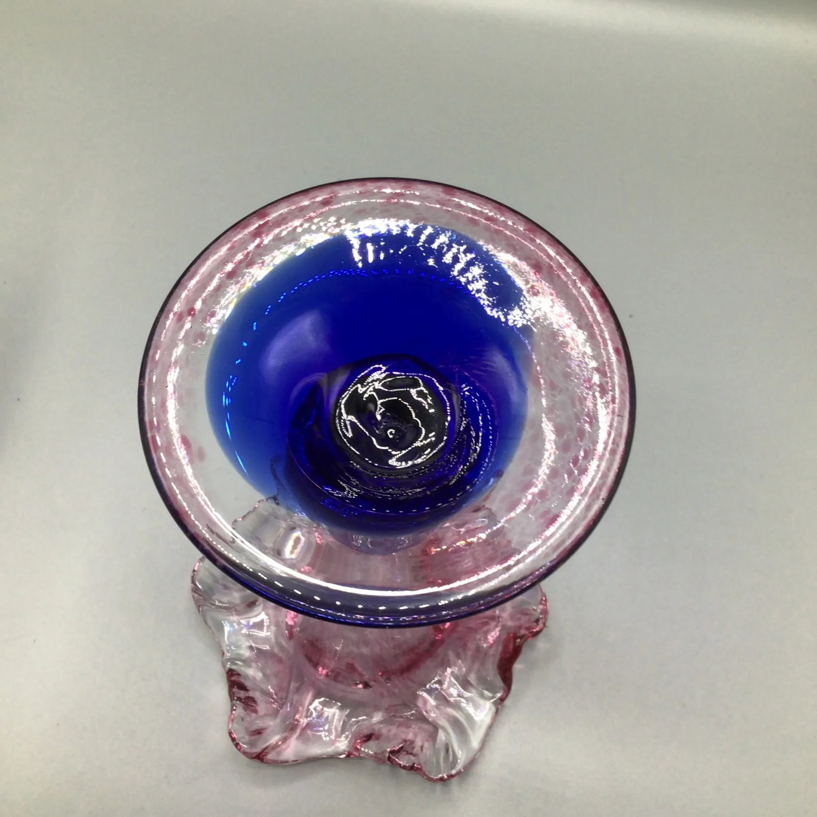 Murano Colbalt Blue With Pink Swirl Floral Studio Art Glass Vases - A Pair - 8