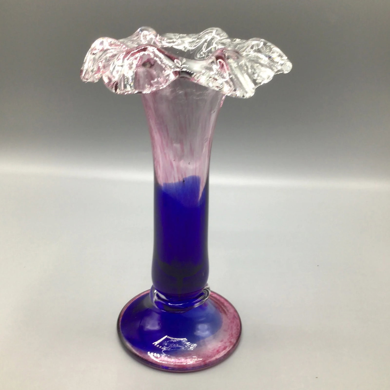 Murano Colbalt Blue With Pink Swirl Floral Studio Art Glass Vases - A Pair - 9