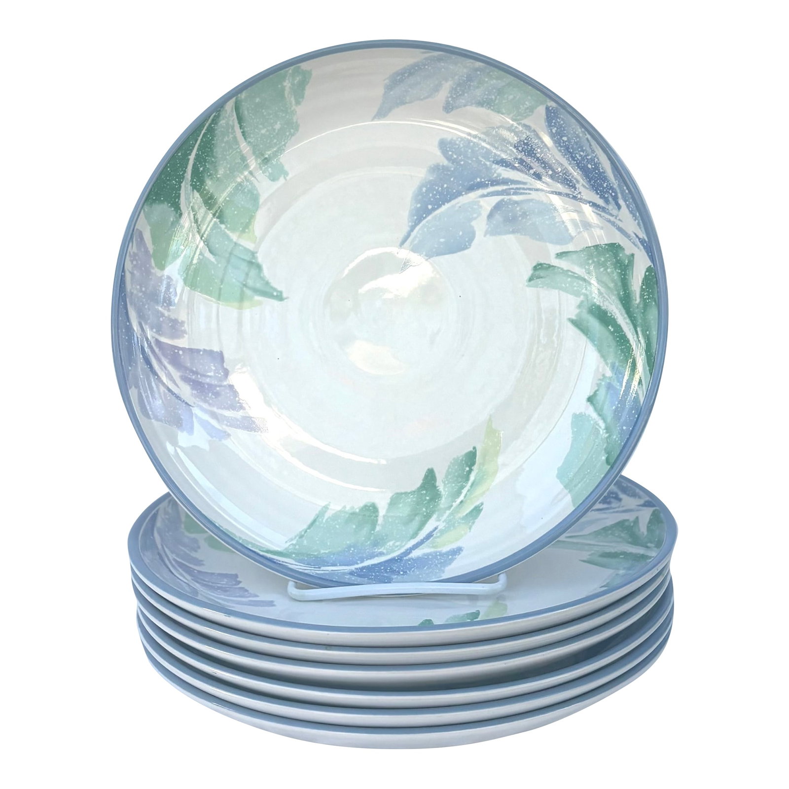 Pastel Palm Leaves Stoneware Dinner Plates- Set of 6: It will feel like there are round watercolor paintings on your table ! Part of the "Palm Leaves" Collection by International Tableworks, this set of 6 stoneware plates feature painterly artwork of.