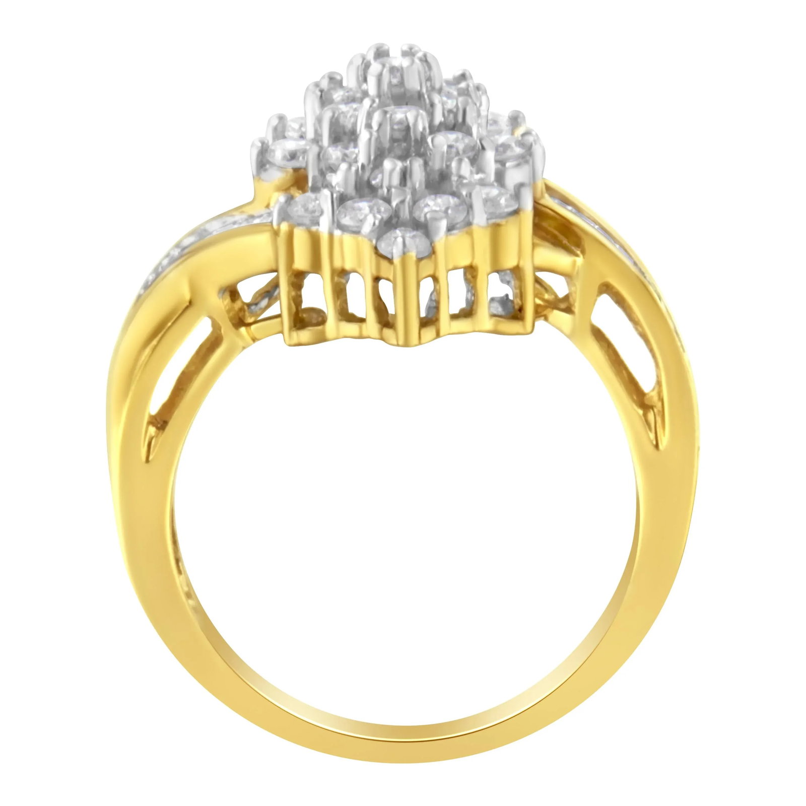 10K Yellow Gold Round And Baguette Cut Diamond Cluster Ring (1 1/10 Cttw, H-I Color, SI2-I1 Clarity) - 2