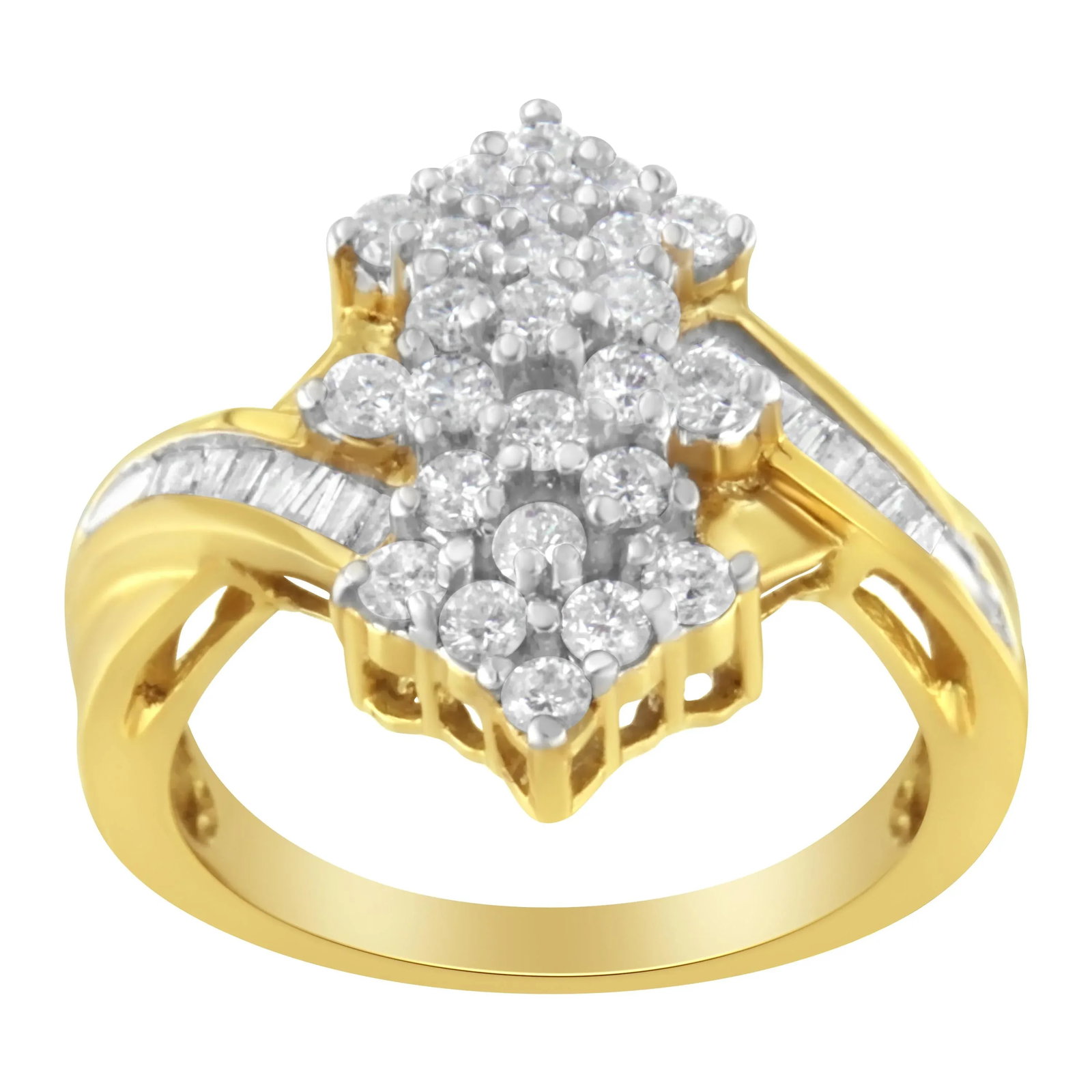 10K Yellow Gold Round And Baguette Cut Diamond Cluster Ring (1 1/10 Cttw, H-I Color, SI2-I1 Clarity) - 3