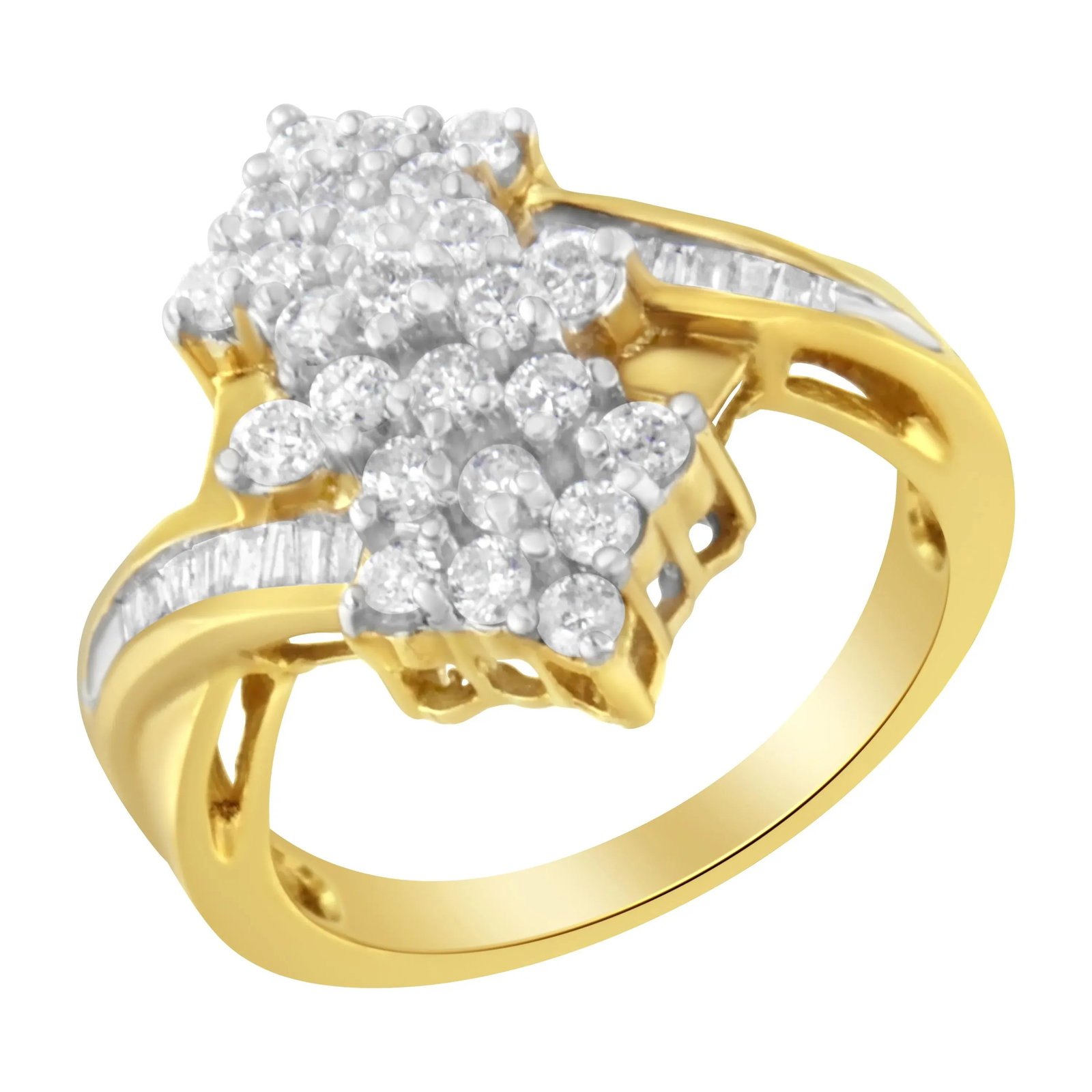 10K Yellow Gold Round And Baguette Cut Diamond Cluster Ring (1 1/10 Cttw, H-I Color, SI2-I1 Clarity) - 4