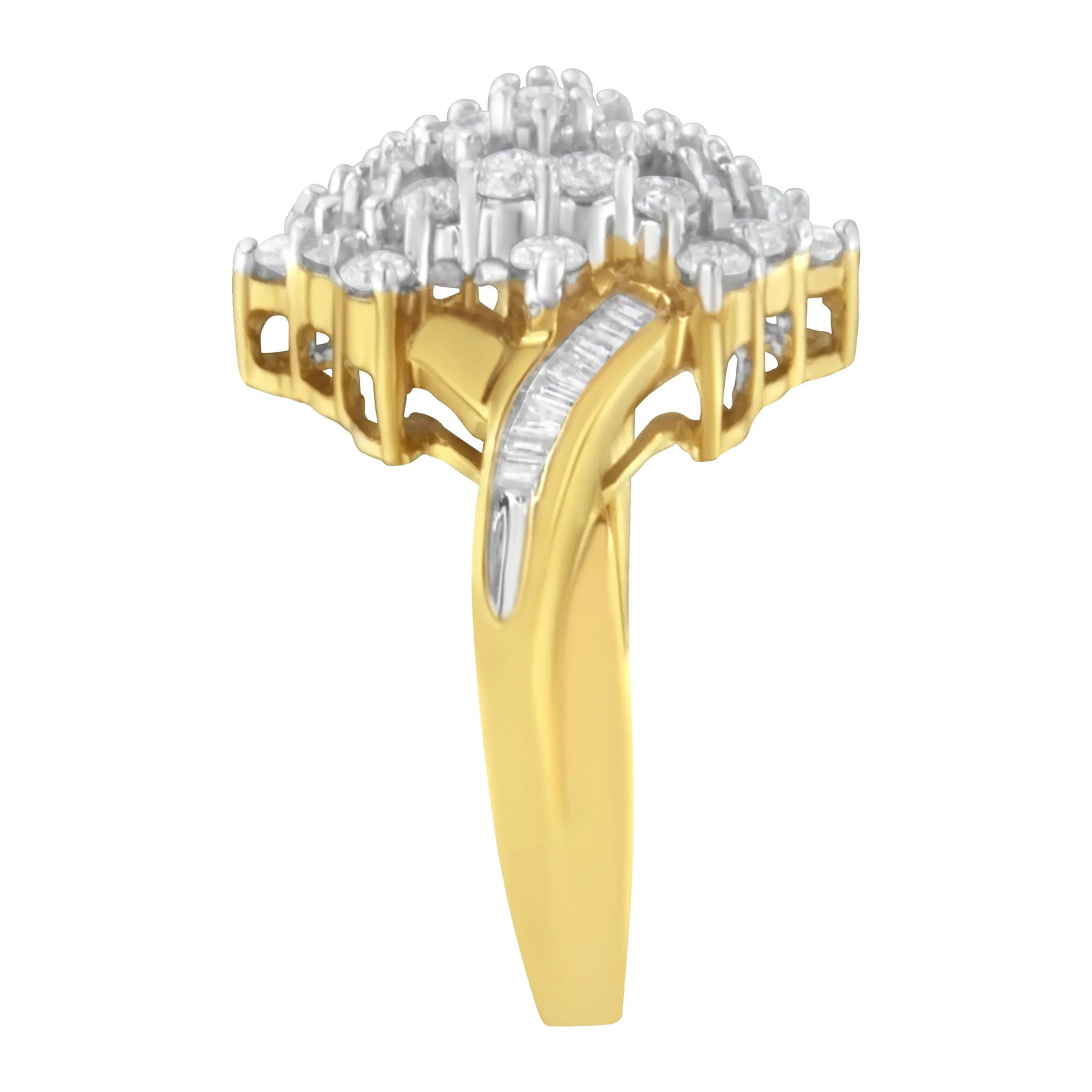 10K Yellow Gold Round And Baguette Cut Diamond Cluster Ring (1 1/10 Cttw, H-I Color, SI2-I1 Clarity) - 5