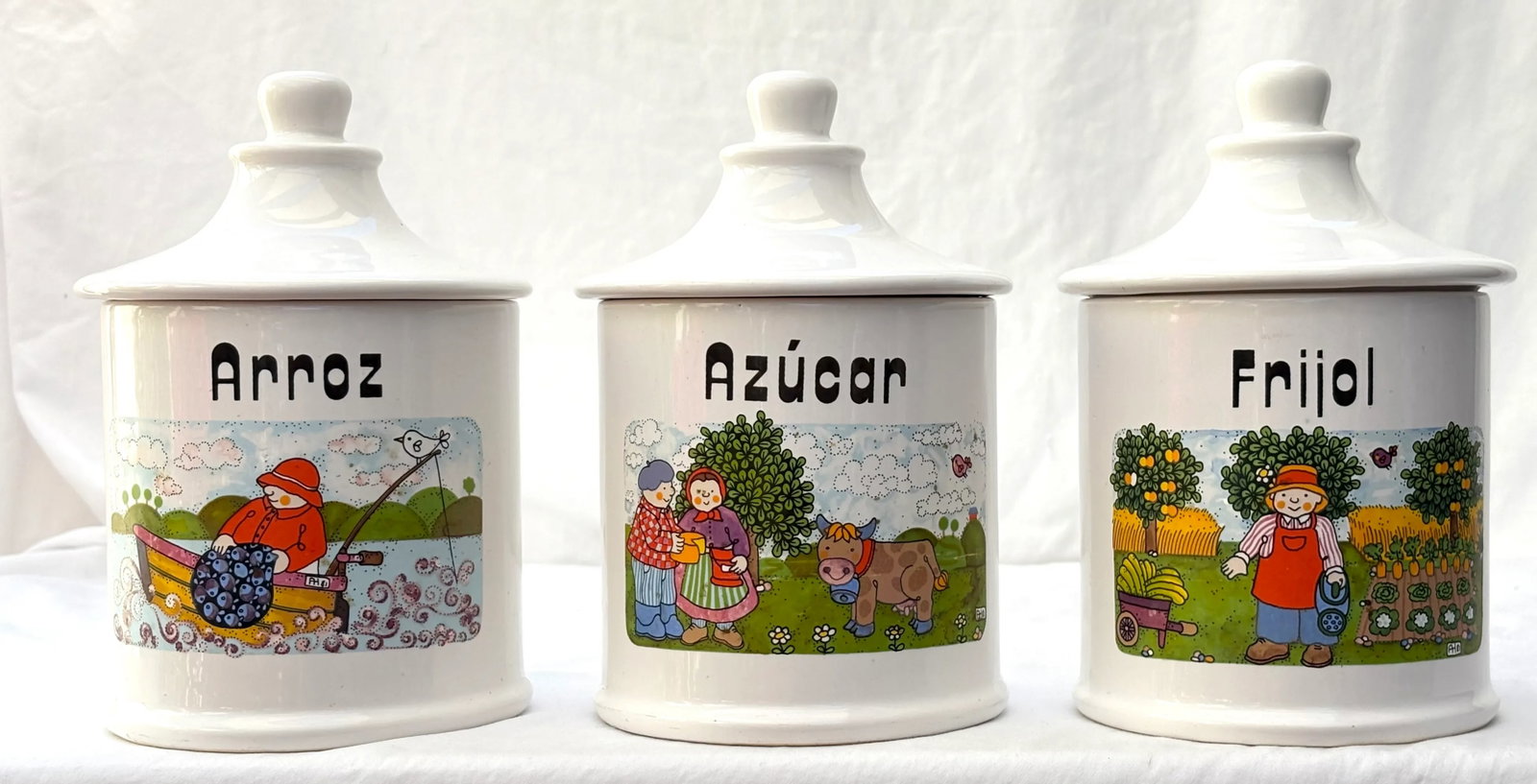 1980s Mexican Folk Art Hand Painted Ceramic Canisters With Lids, Signed by Artist - Set of 3 - 12