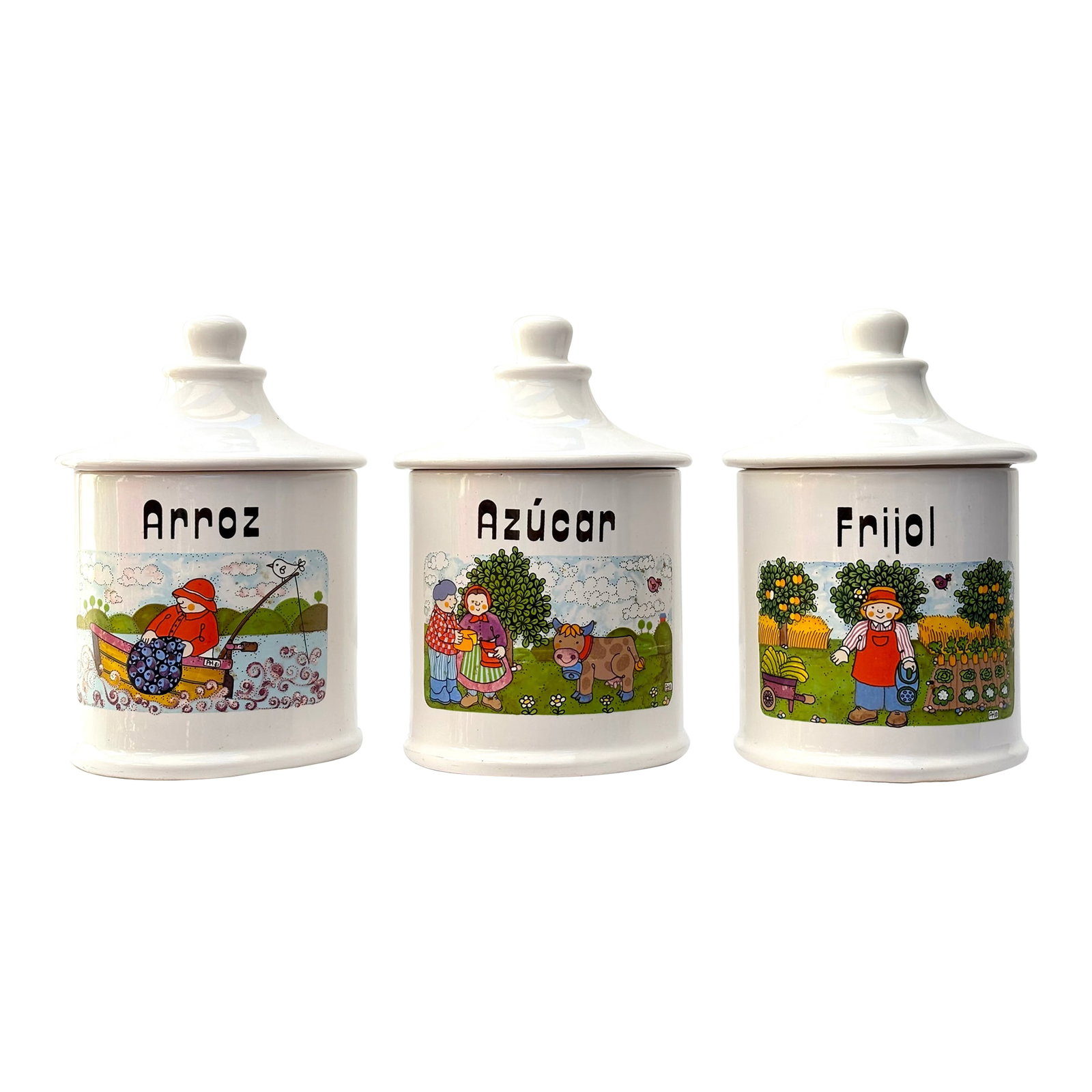 1980s Mexican Folk Art Hand Painted Ceramic Canisters With Lids, Signed by Artist - Set of 3: The perfect place to house your cooking staples for a Cinco de Mayo fiesta! 1980's Mexican Folk Art featuring colorful scenes of rural life add a whimsical touch to this set of three white ceramic