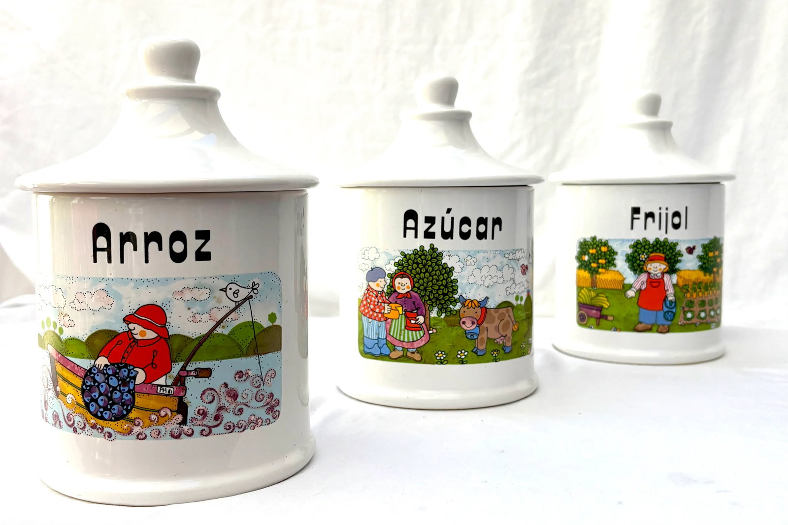 1980s Mexican Folk Art Hand Painted Ceramic Canisters With Lids, Signed by Artist - Set of 3 - 3