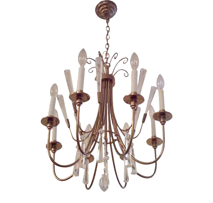 A 50s American Regency Chandelier: A great brass and crystal 1950s chandelier. Condition: Alterations: Restored Imperfections: Some Imperfections Condition Notes: Very Good. Origin: United States Materials & Techniques: