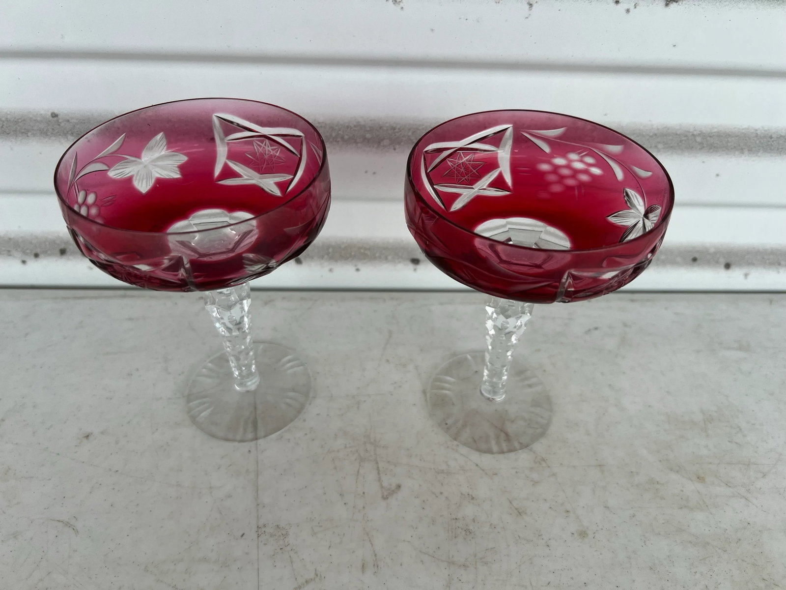 Vintage Cranberry/Raspberry Crystal Coupe Glasses - Pair 2 - 3