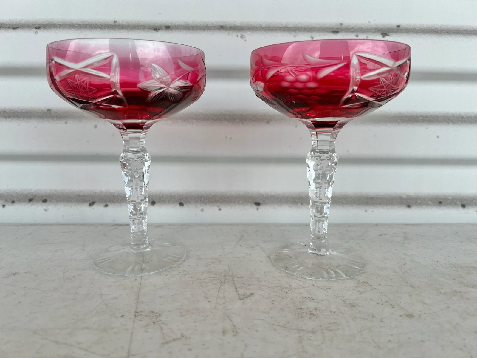 Vintage Cranberry/Raspberry Crystal Coupe Glasses - Pair 2 - 4
