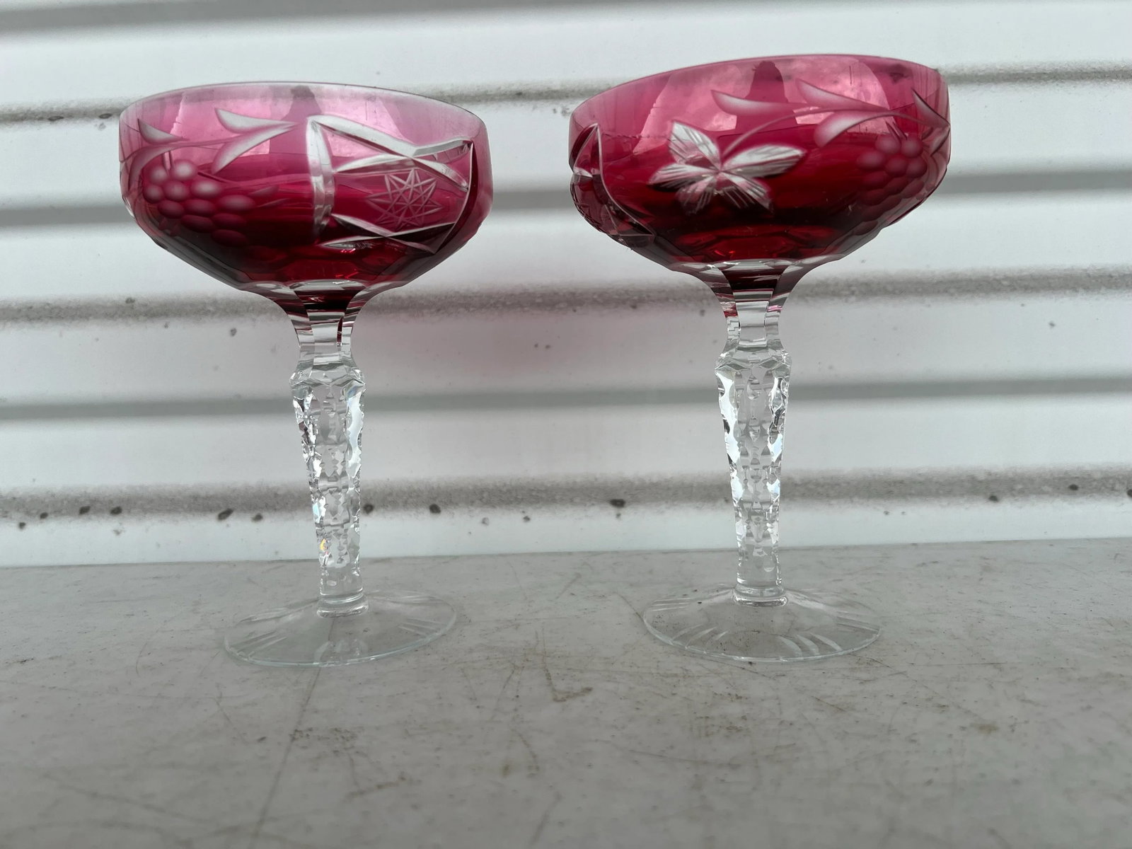 Vintage Cranberry/Raspberry Crystal Coupe Glasses - Pair 2 - 6