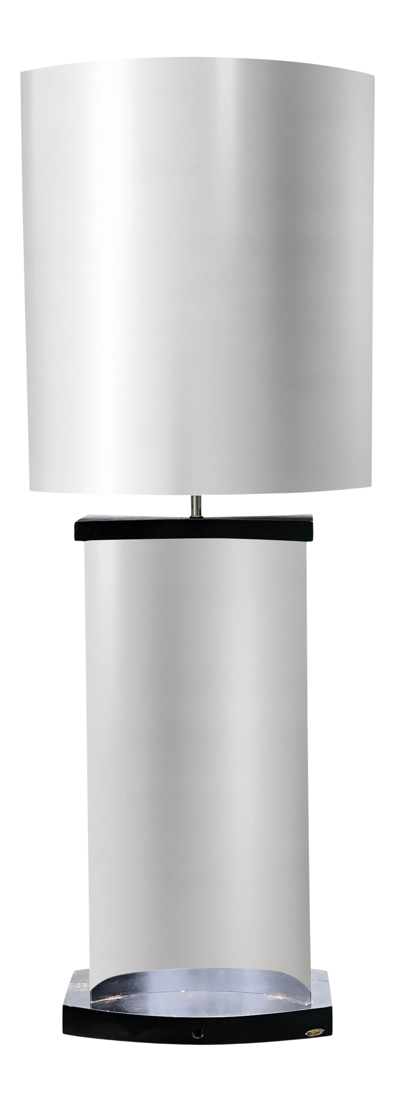 1970s Large Curtis Jere Chrome Lamp: This beautiful Curtis Jere chrome lamp stands almost 43" tall, a great mid 70's-80's piece. Lamp shade is an oval convex shape with the base being a rectangular concave shape, with black wood accent
