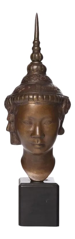 Midcentury Southeast Asian Figural Cast Metal Sculpture: Gorgeous Southeast Asian figural cast metal sculpture on black lacquered cube base. Condition: Alterations: Unknown Imperfections: Some Imperfections Condition Notes: Good Wear consistent with age