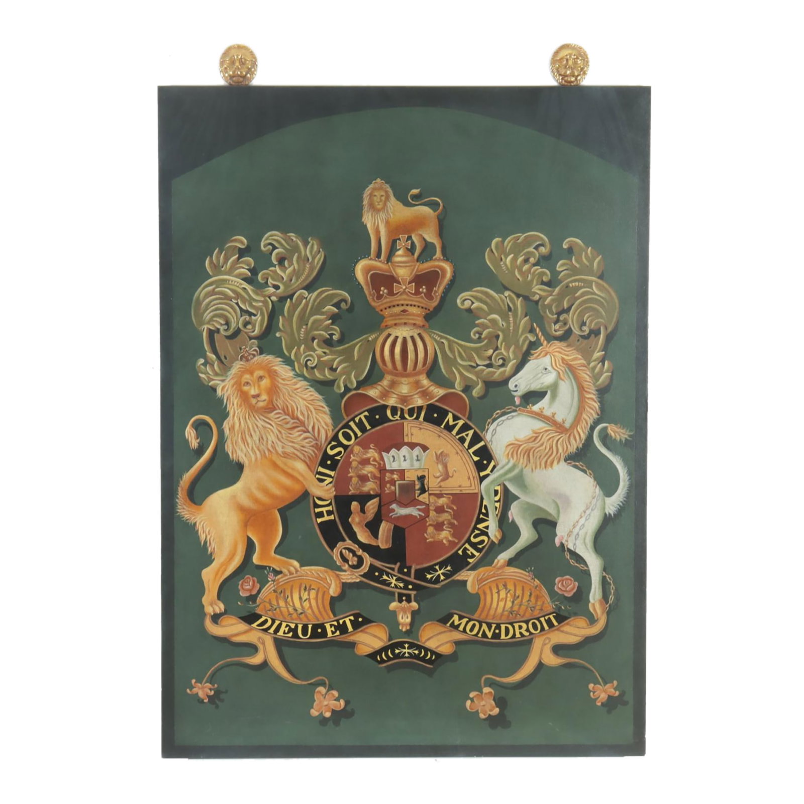 1980s Monumental English Coat of Arms Panel Painted Canvas on Panel by Maitland Smith: Very large size hand painted on canvas and mounted on a panel. English coat of arms. Family crest. Produced by maitland smith. In excellent shape Condition: Alterations: Original Condition Unaltered
