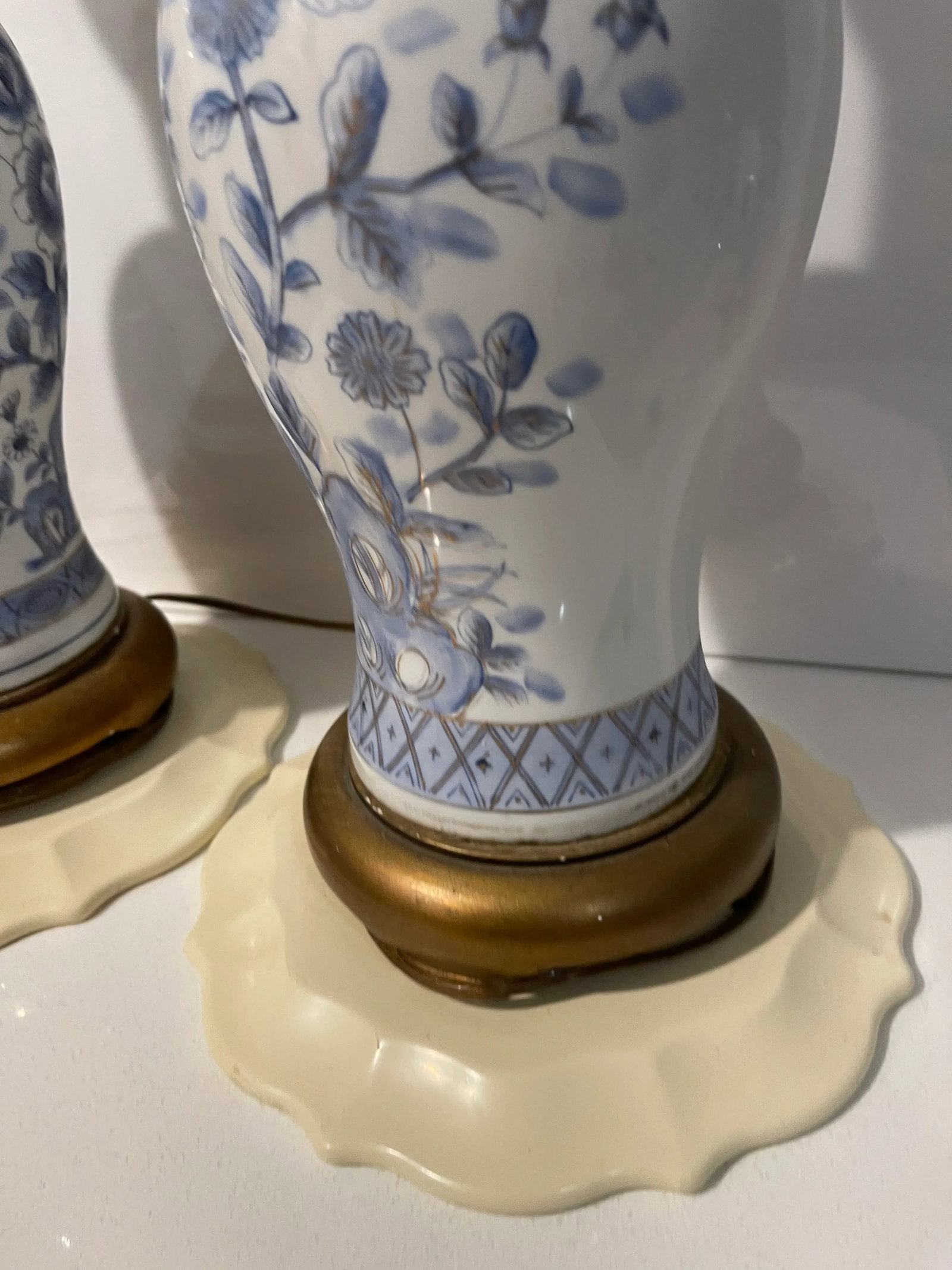 Pair of Vintage Blue & White Floral Coordinated Hand-Painted (Gold Accent) Lamps - 10