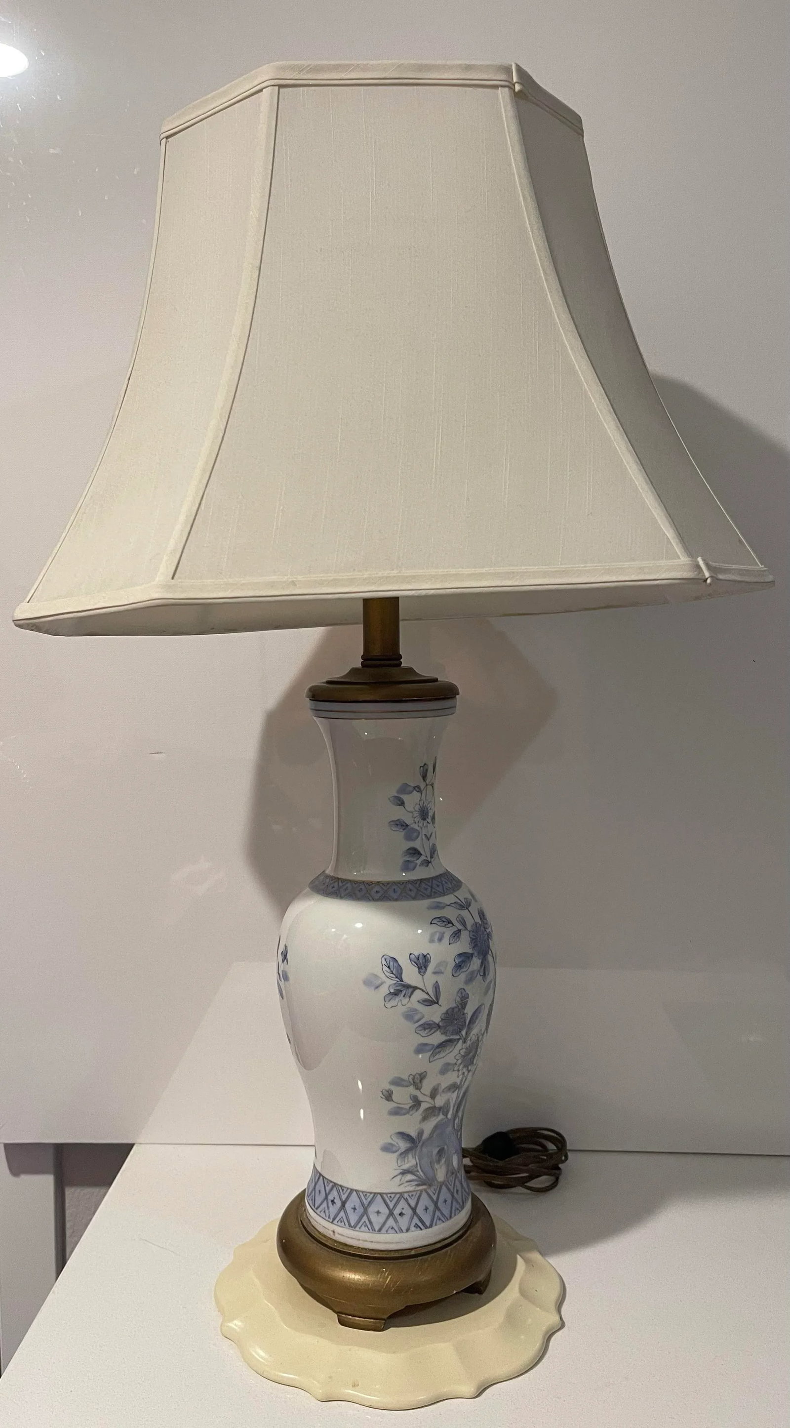 Pair of Vintage Blue & White Floral Coordinated Hand-Painted (Gold Accent) Lamps - 12