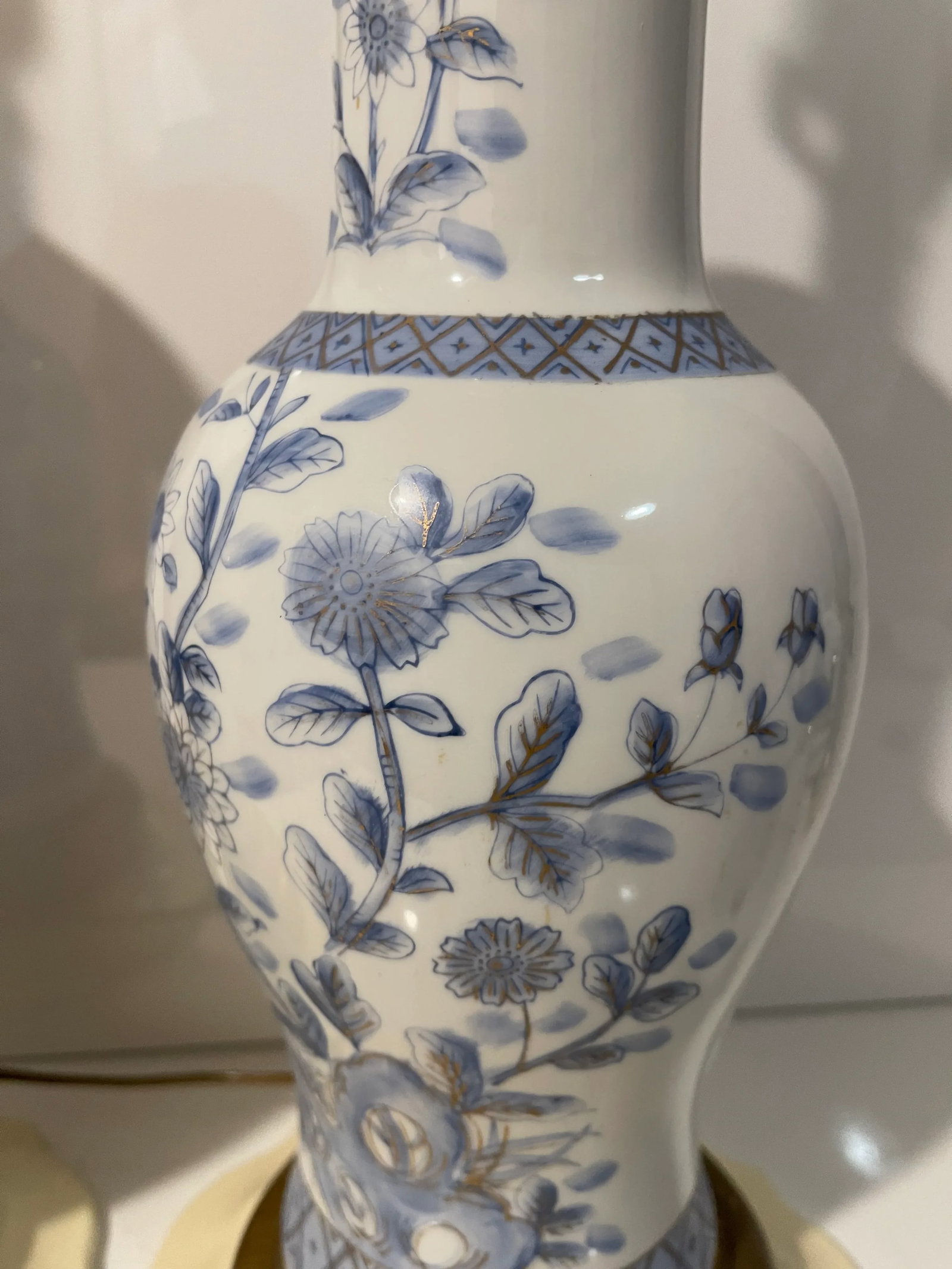 Pair of Vintage Blue & White Floral Coordinated Hand-Painted (Gold Accent) Lamps - 2