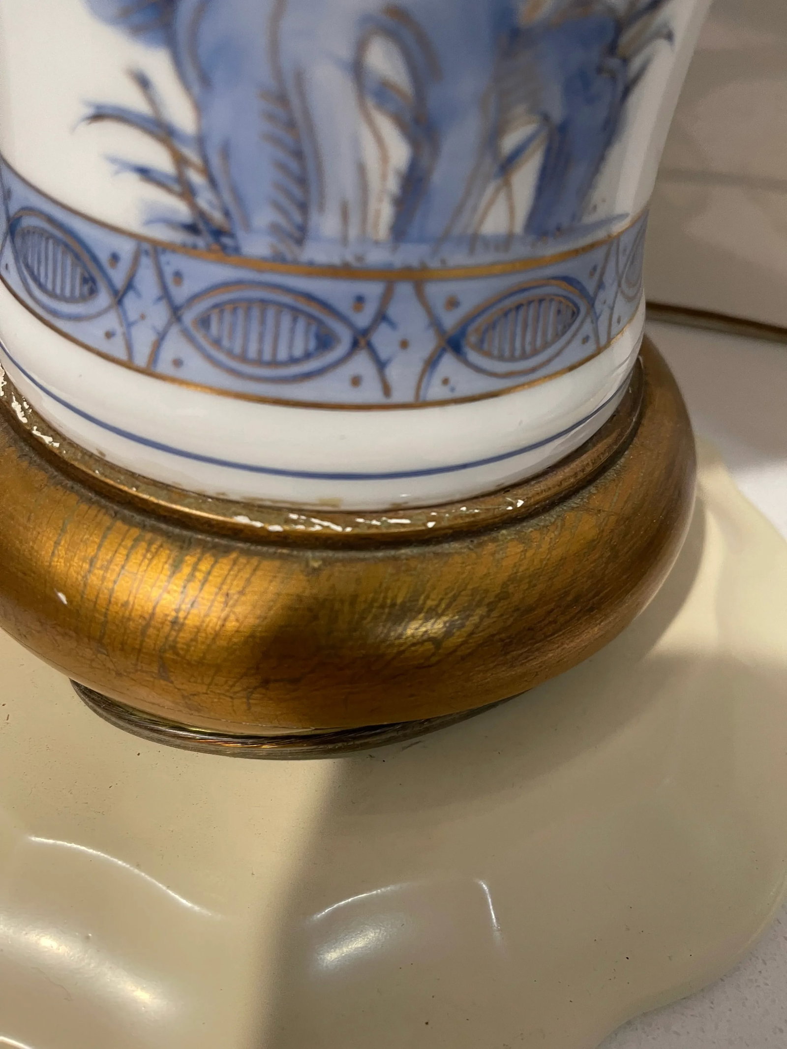 Pair of Vintage Blue & White Floral Coordinated Hand-Painted (Gold Accent) Lamps - 6
