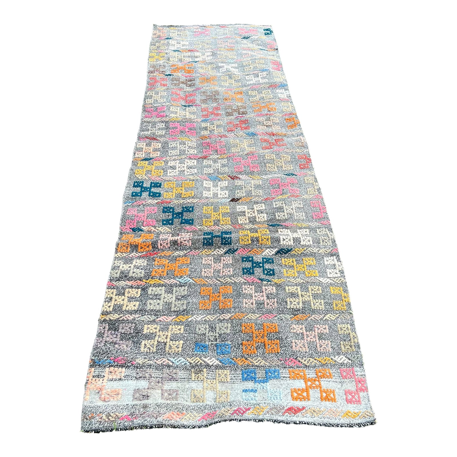 Turkish Vintage Cotton Embroidered Runner Rug: All rugs have been professionally cleaned; original condition is not altered, age-related wear is considered normal in these unique, hand woven vintage rugs. It is common for slight variations in