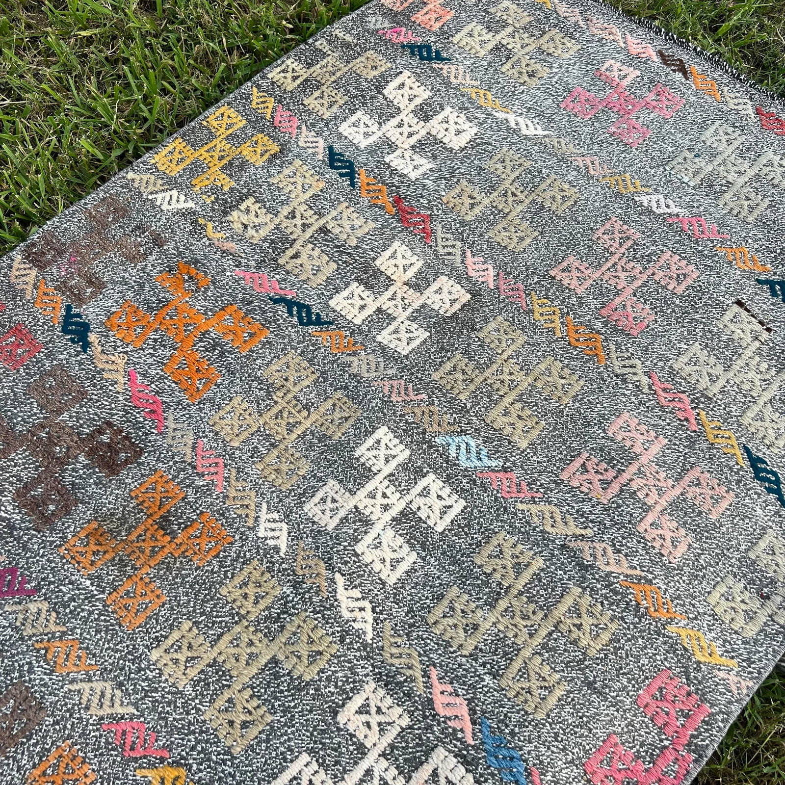 Turkish Vintage Cotton Embroidered Runner Rug - 5