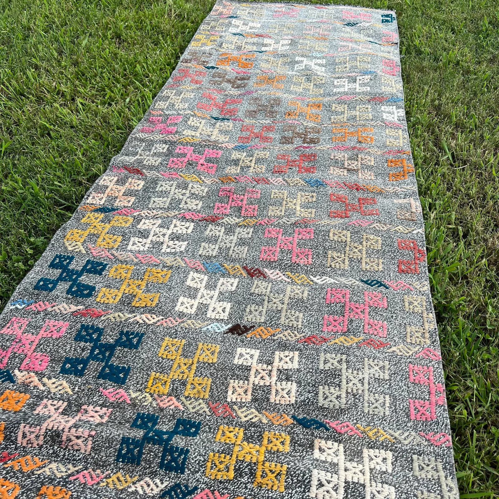 Turkish Vintage Cotton Embroidered Runner Rug - 6