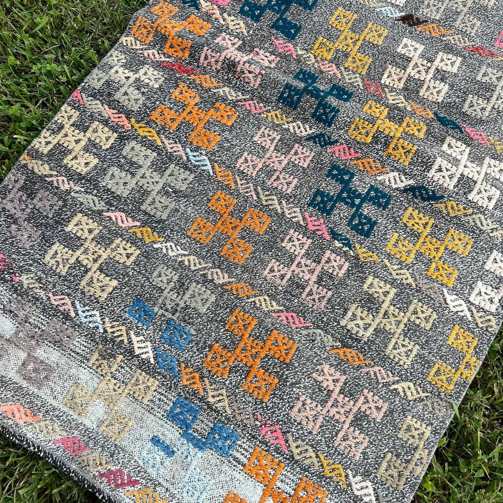 Turkish Vintage Cotton Embroidered Runner Rug - 7