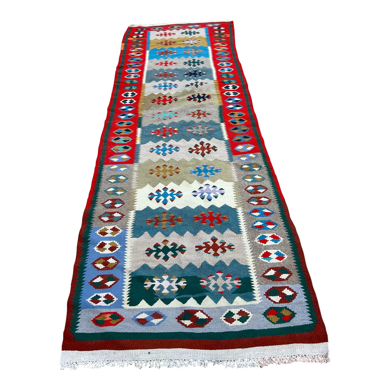 Vintage Floral Design Flatweave Kilim Runner: All rugs have been professionally cleaned; original condition is not altered, age-related wear is considered normal in these unique, hand woven vintage rugs. It is common for slight variations in wear