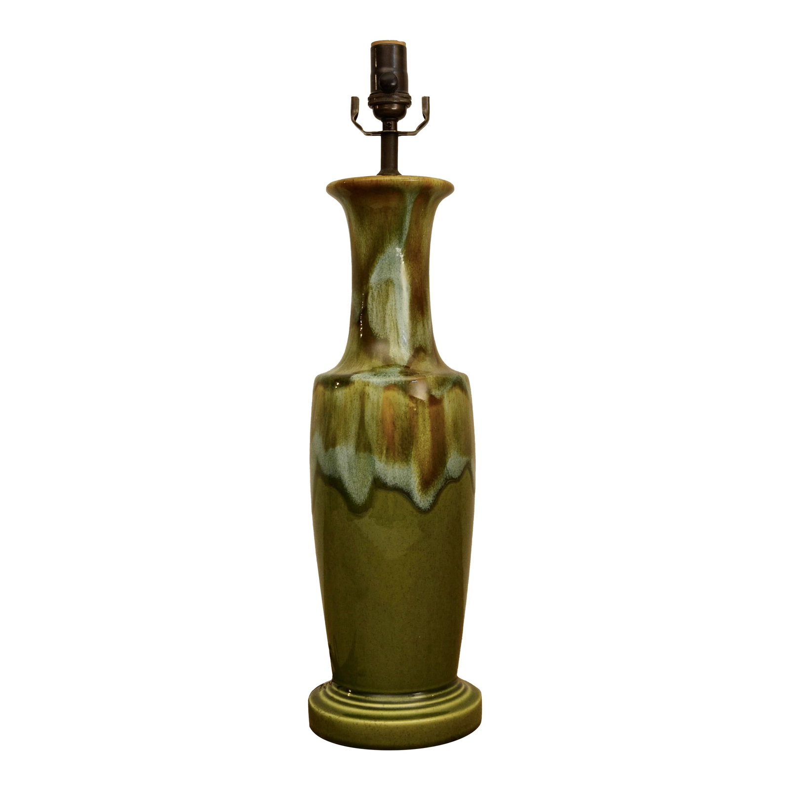 Mid Century Studio Ceramic Lamp: Great mid century studio pottery lamp in an organic modern glaze of greens, blues, and browns. With new bronze hardware, dimmer socket and fabric cord. 5 3/4" x 23 1/4" Condition: Alterations: Restore