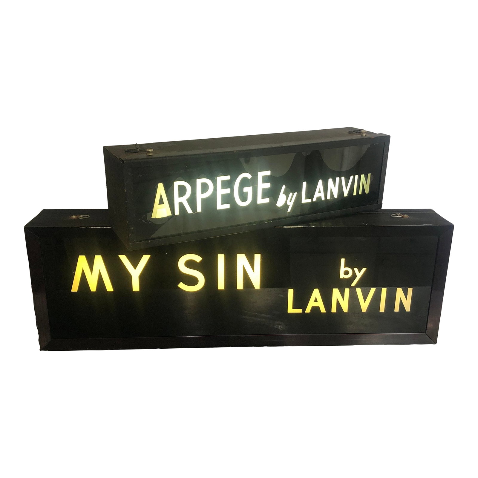 1950s Vintage Arpege " My Sin" Department Store Perfume Advertising Signs- Set of 2: Fabulous and rare set of 2 Vintage Department Store Advertising Perfume signs. They have style and add glamour to wherever they are placed! The two of them compete the look and believe me when I say