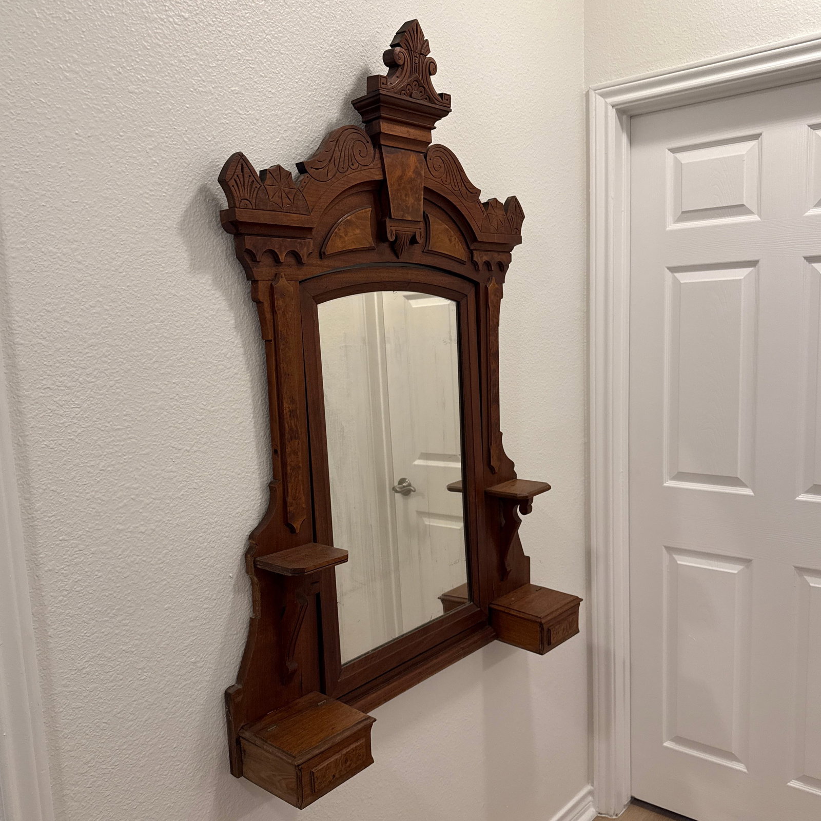 Victorian Eastlake-Style Carved Walnut Wall Mirror With Shelves & Storage Boxes - 2