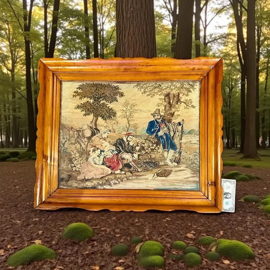 Antique Framed Needlepoint Scene-Hand Carved Pine-Victorian English 1800s-Art - 12