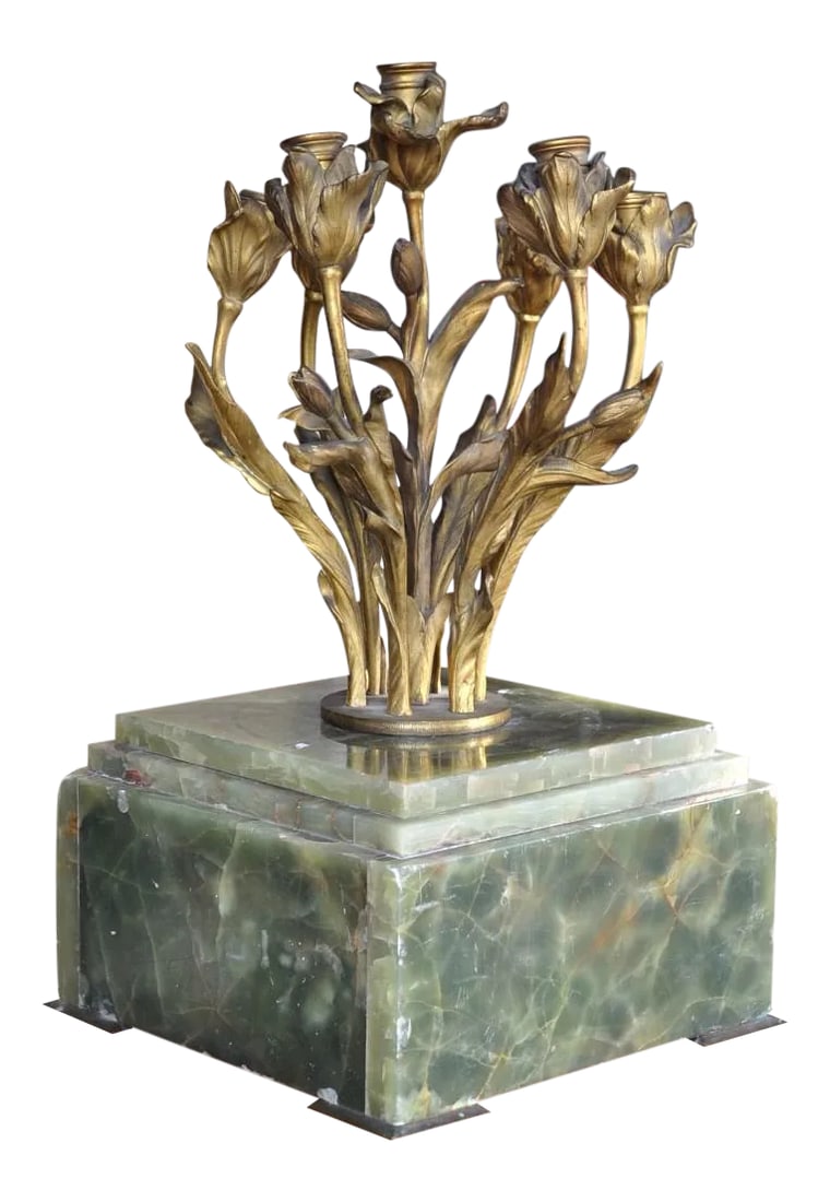 Art Nouveau Gilt Bronze 7-Light Candelabra With Green Alabaster Base: (YOU CAN MAKE REASONABLE OFFERS.) This unique candelabra has its 7 candle arms in the form of a beautiful flowering plant. It is overall 21" tall and weighs about 62 lb. The square green alabaster