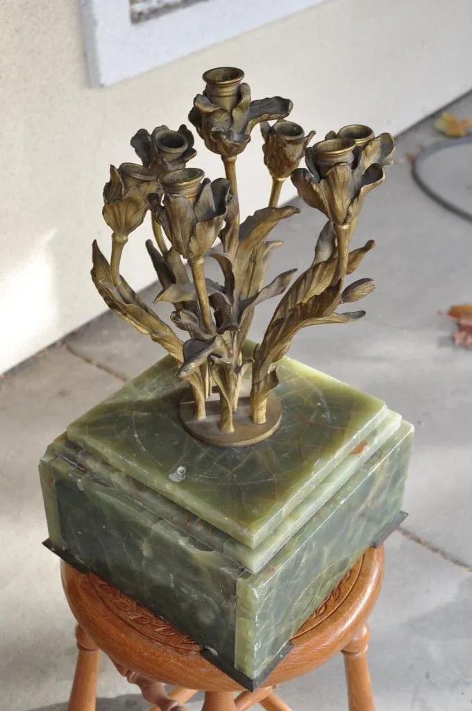 Art Nouveau Gilt Bronze 7-Light Candelabra With Green Alabaster Base - 6