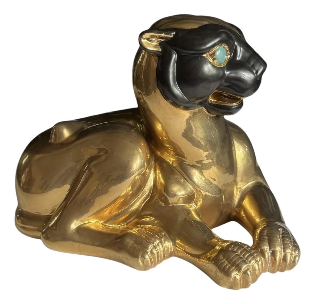 1970's Gold Ceramic Lounging Leopard: Magnificent vintage gold panther/ leopard. Well marked on the bottom & made in Macao. Perfect for adding a touch of glamour & cool factor to any decor. Condition: Alterations: Original Condition