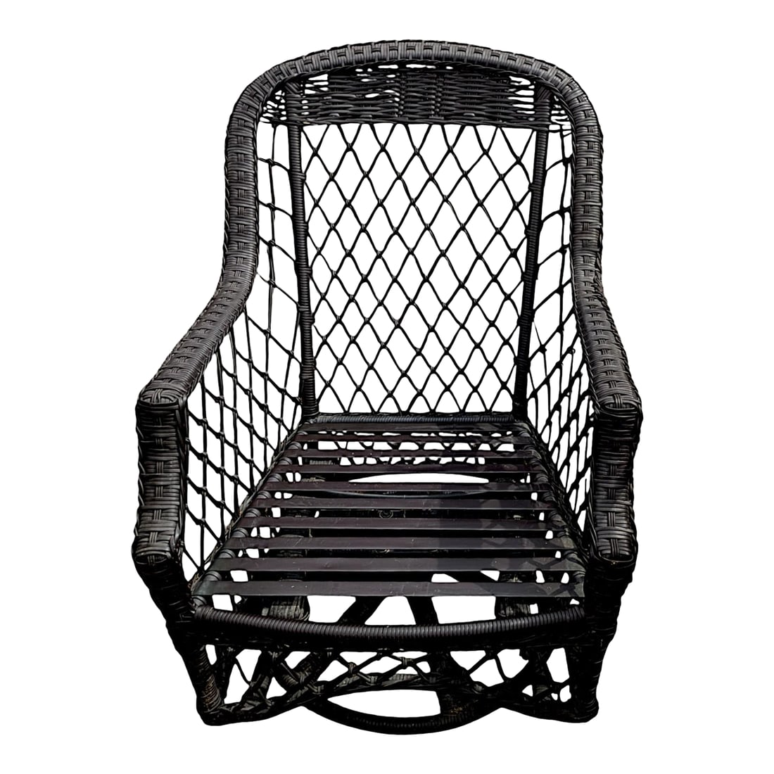 2005 Lane Weathermaster Swivel Glider High Back All-Weather Wicker Lounge Chair: This high back gliding swivel chair made of all-weather espresso toned wicker made by Lane Venture WeatherMaster. It is from the Camino Real Collection (retired), All-Weather wicker from this