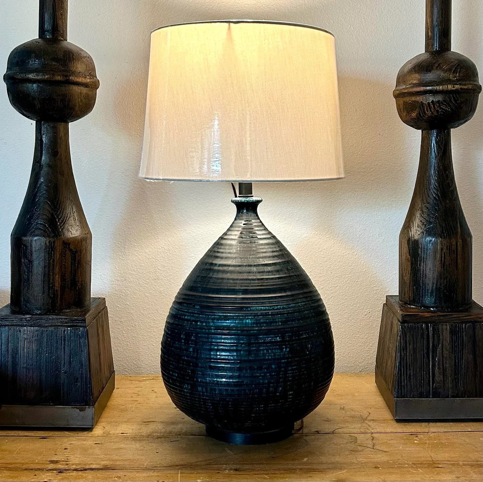 Ceramic Wide Bottom Blue Lamp. Drip Glaze Hand Thrown Body. Deep Blues.1966 - 2