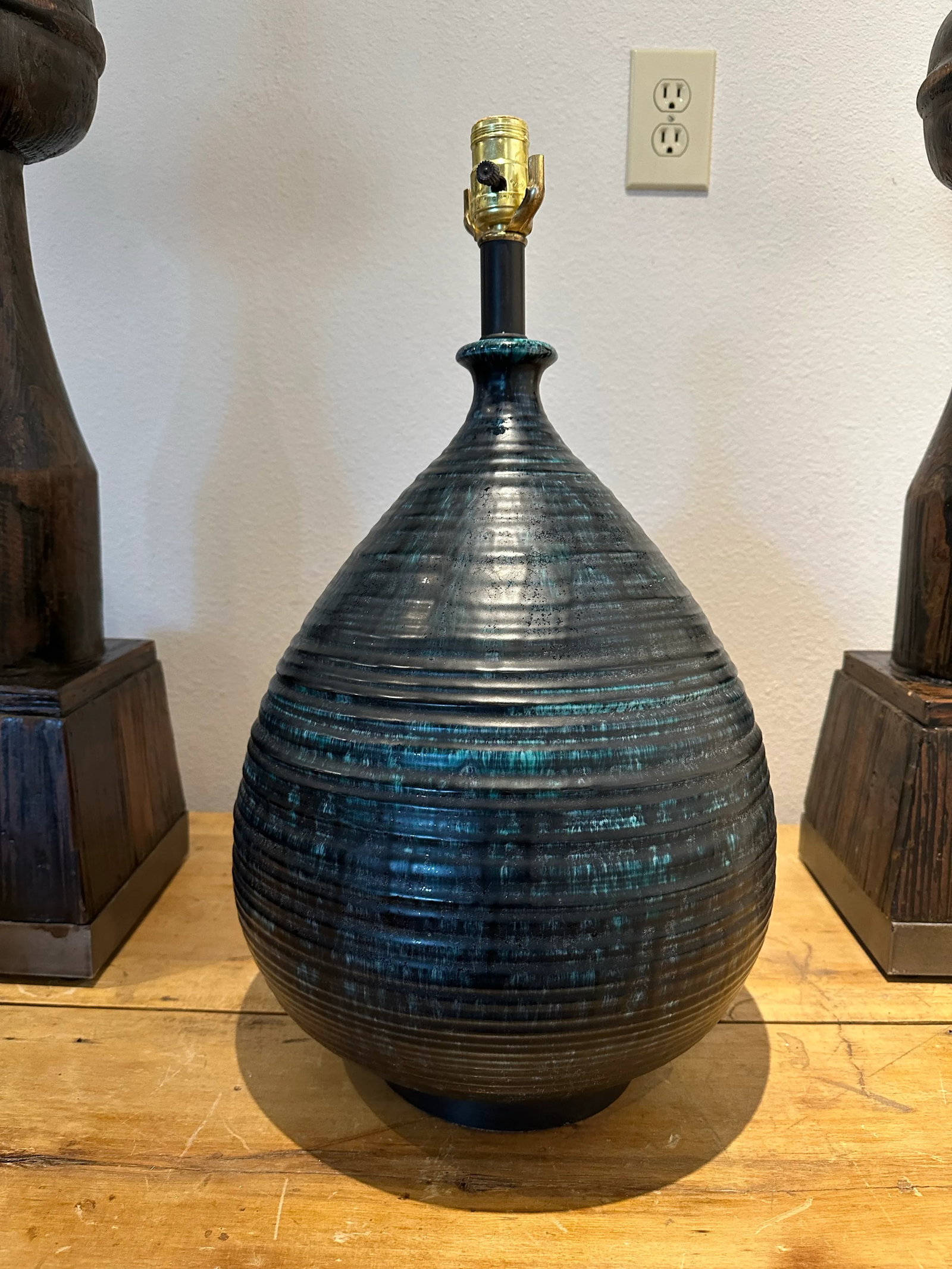 Ceramic Wide Bottom Blue Lamp. Drip Glaze Hand Thrown Body. Deep Blues.1966 - 5