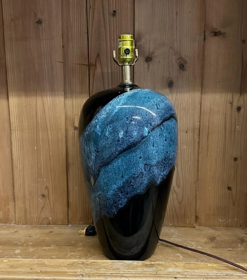 1970s Dutch Black Cobalt Blue Drip Glaze Large Lamp - 2