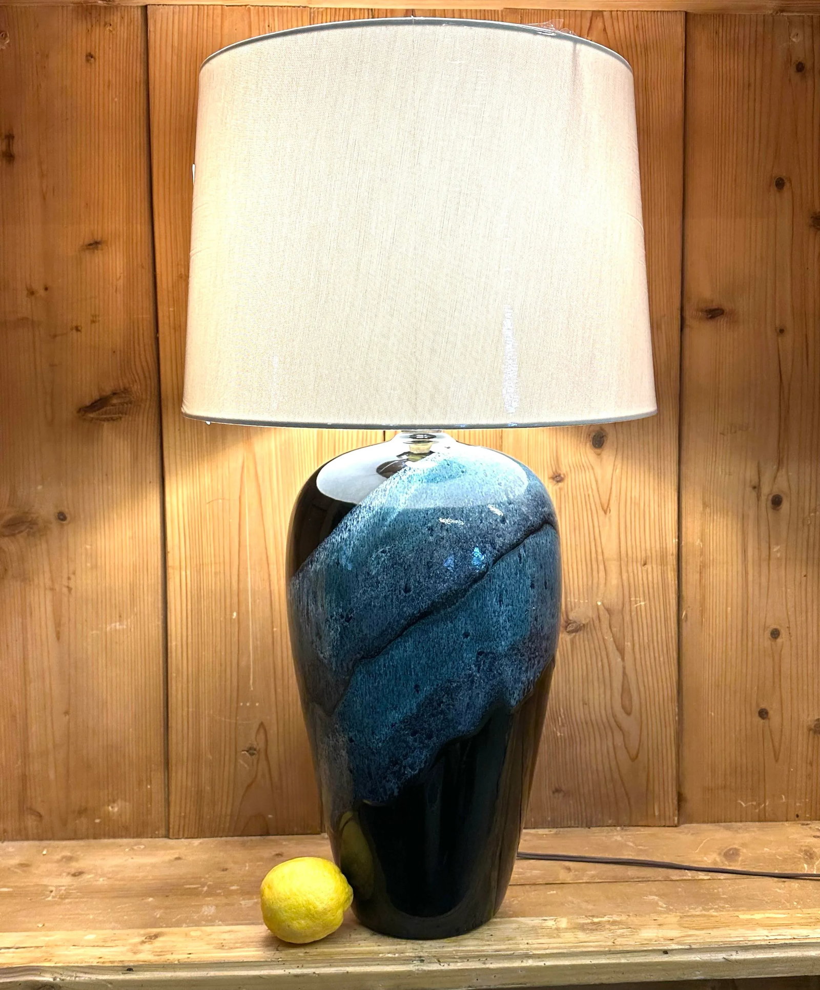 1970s Dutch Black Cobalt Blue Drip Glaze Large Lamp - 4