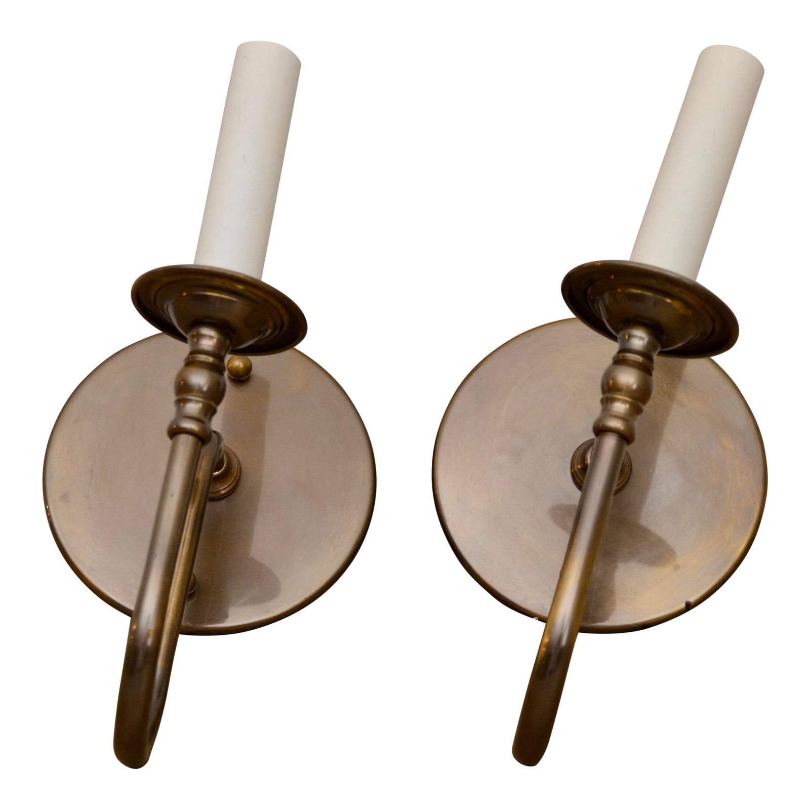 Custom Brass Curved Arm Electrified Candelabra Sconces - A Pair: A custom pair of electrified candelabra wall sconces in a patinated antique brass. 4 1/2" x 6 1/4" x 9 1/4" Condition: Imperfections: No Imperfections Condition Notes: New fixture with natural unwaxed