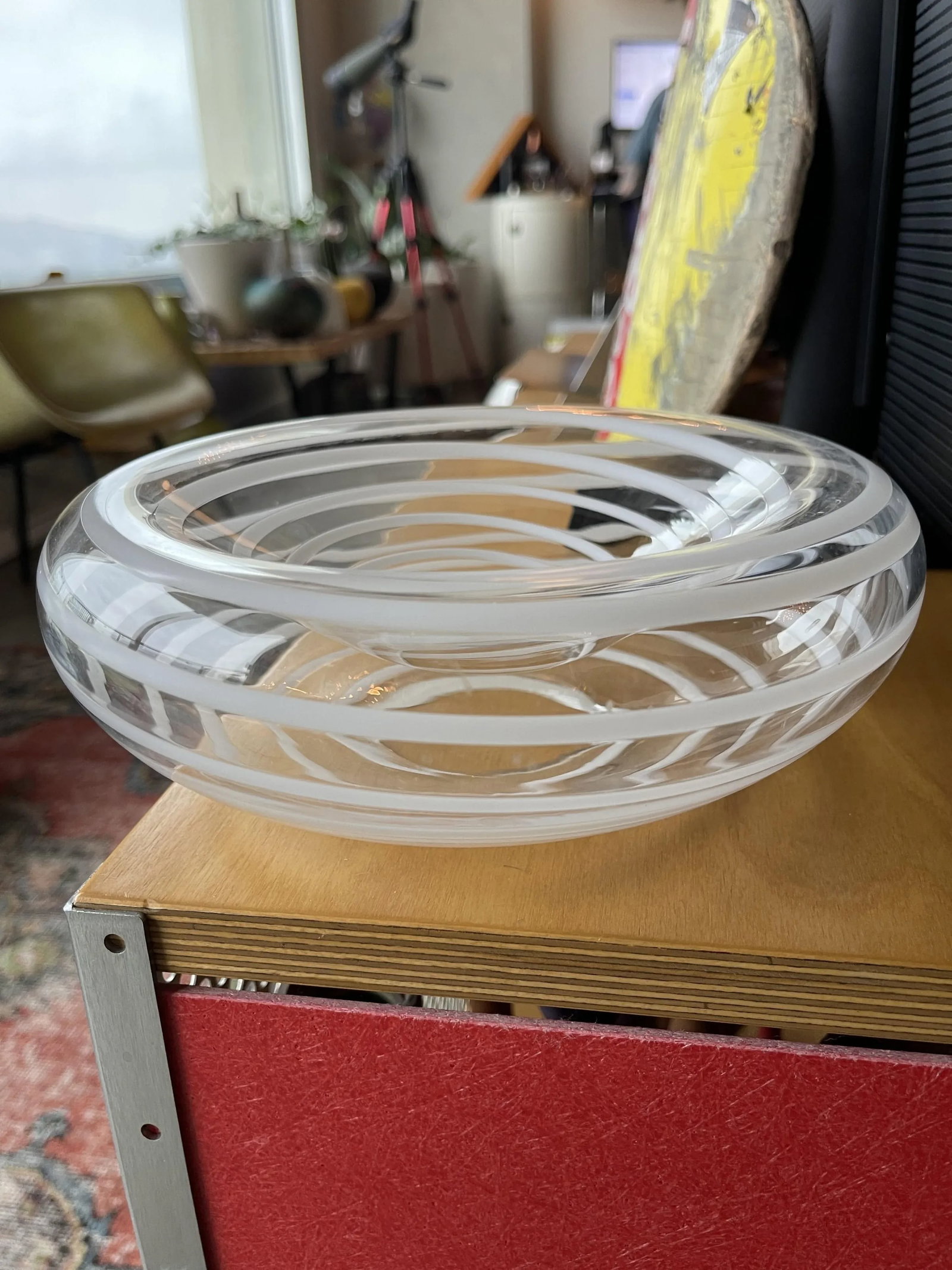 1980s Kurata Glass Sculpture Bowl Threaded Clear White Postmodern Mikassa Memphis Design - 5
