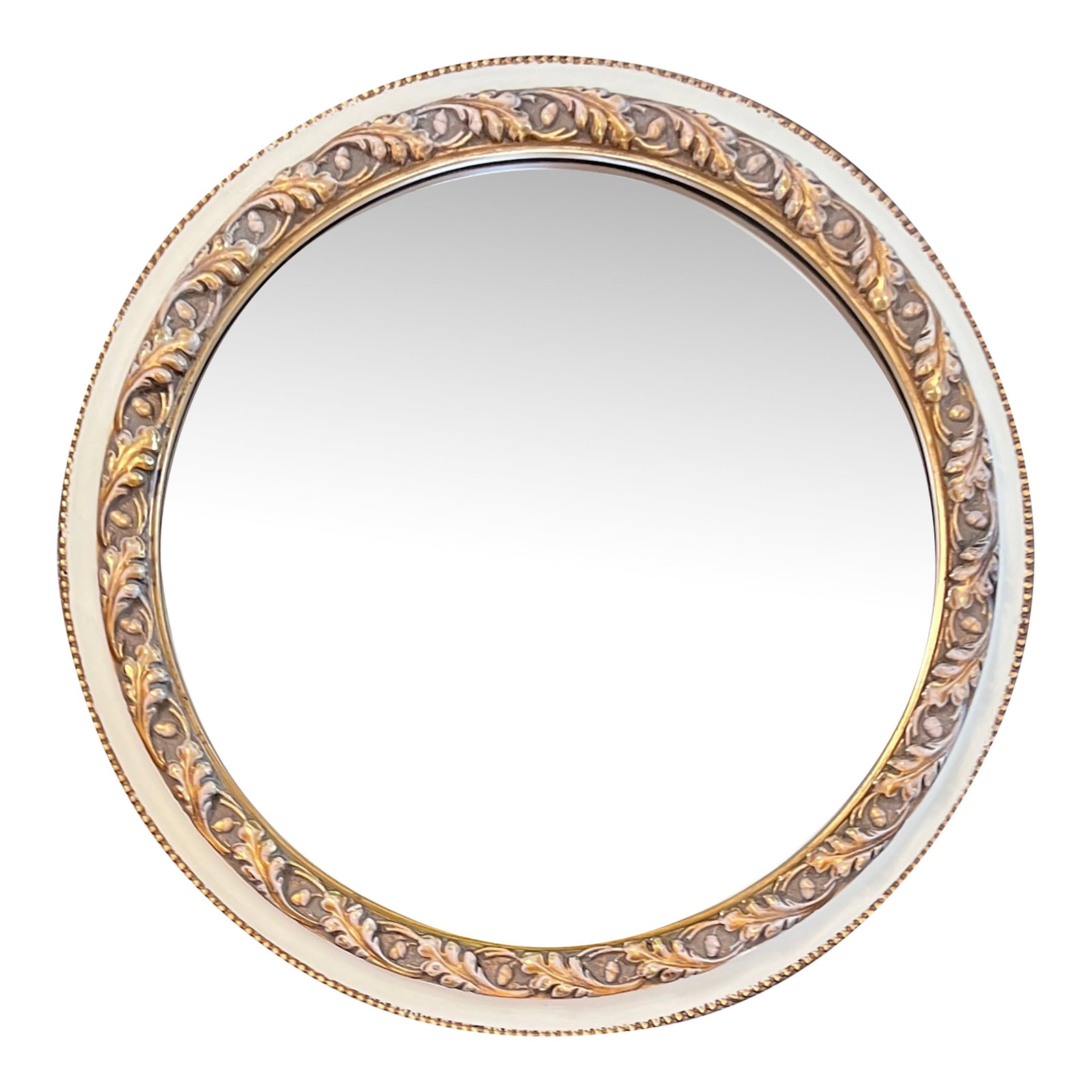 1980s French Carved Oak Leaf and Acorn Round Mirror: Beautiful vintage wall mirror that has been hand painted gold and white with a traditional oak leaf, acorn, and beading motif. Outside frame dimensions 19 1/4 inches diameter x 1 1/2 inches deep