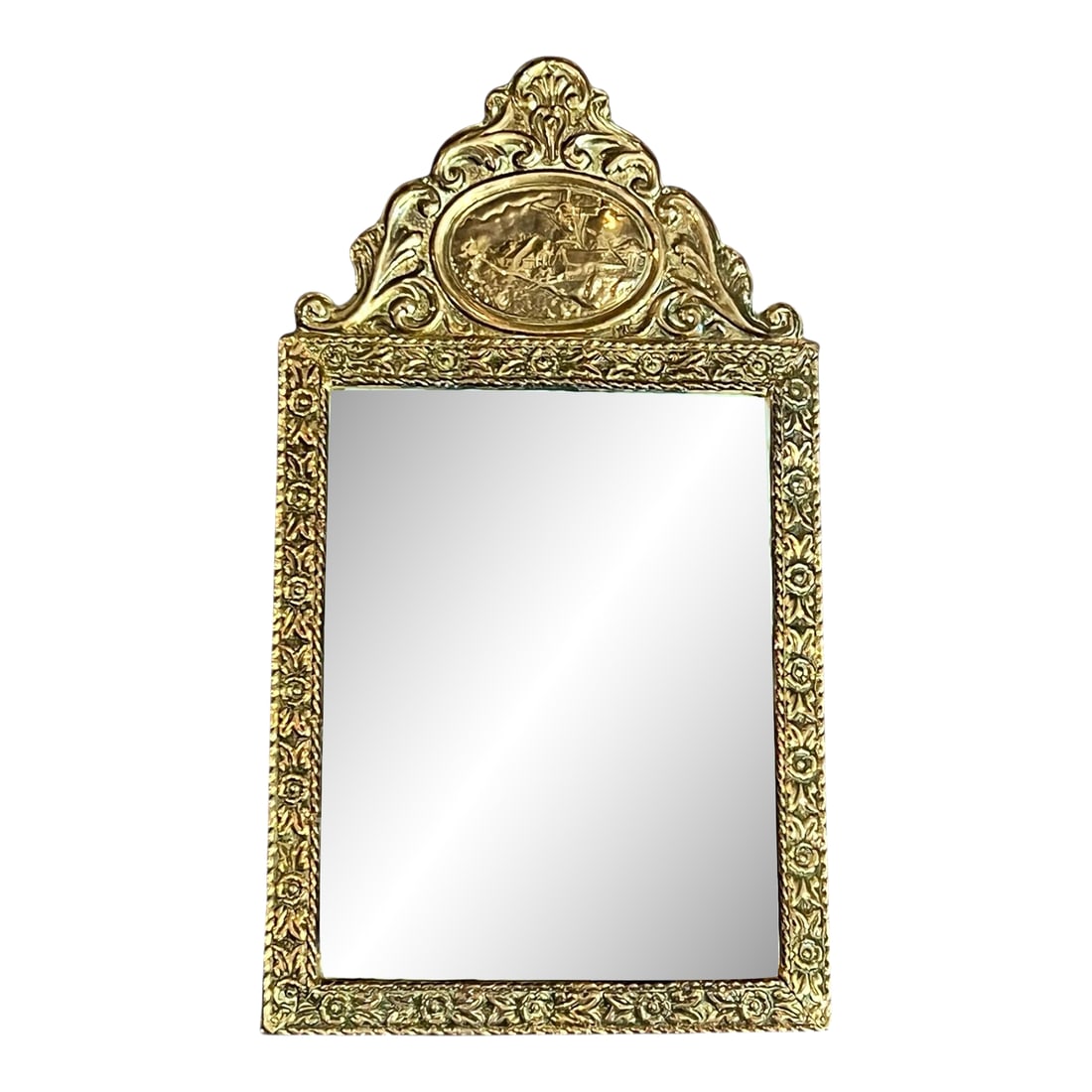 19th Century Brass Mirror With Beveled Glass-Dutch Scene Embellishment (1 of 7)