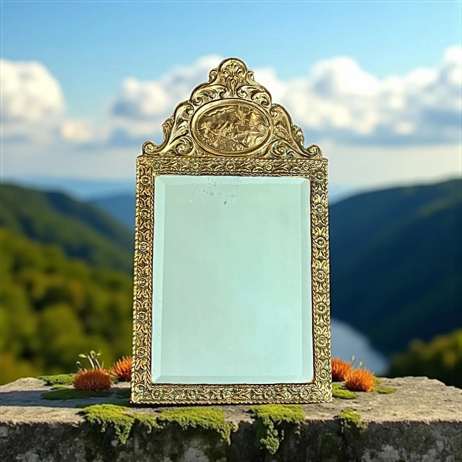 19th Century Brass Mirror With Beveled Glass-Dutch Scene Embellishment - 2