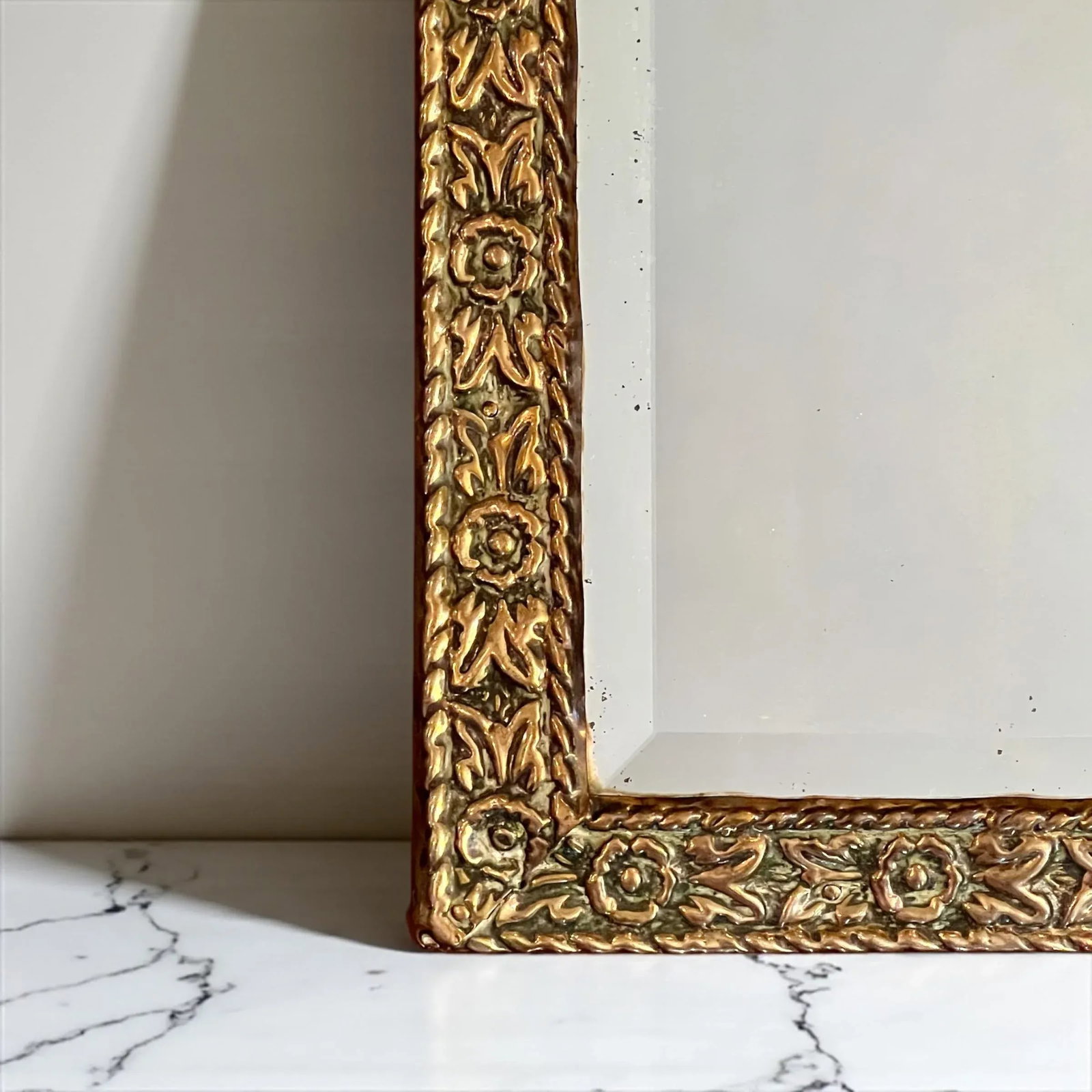 19th Century Brass Mirror With Beveled Glass-Dutch Scene Embellishment - 3