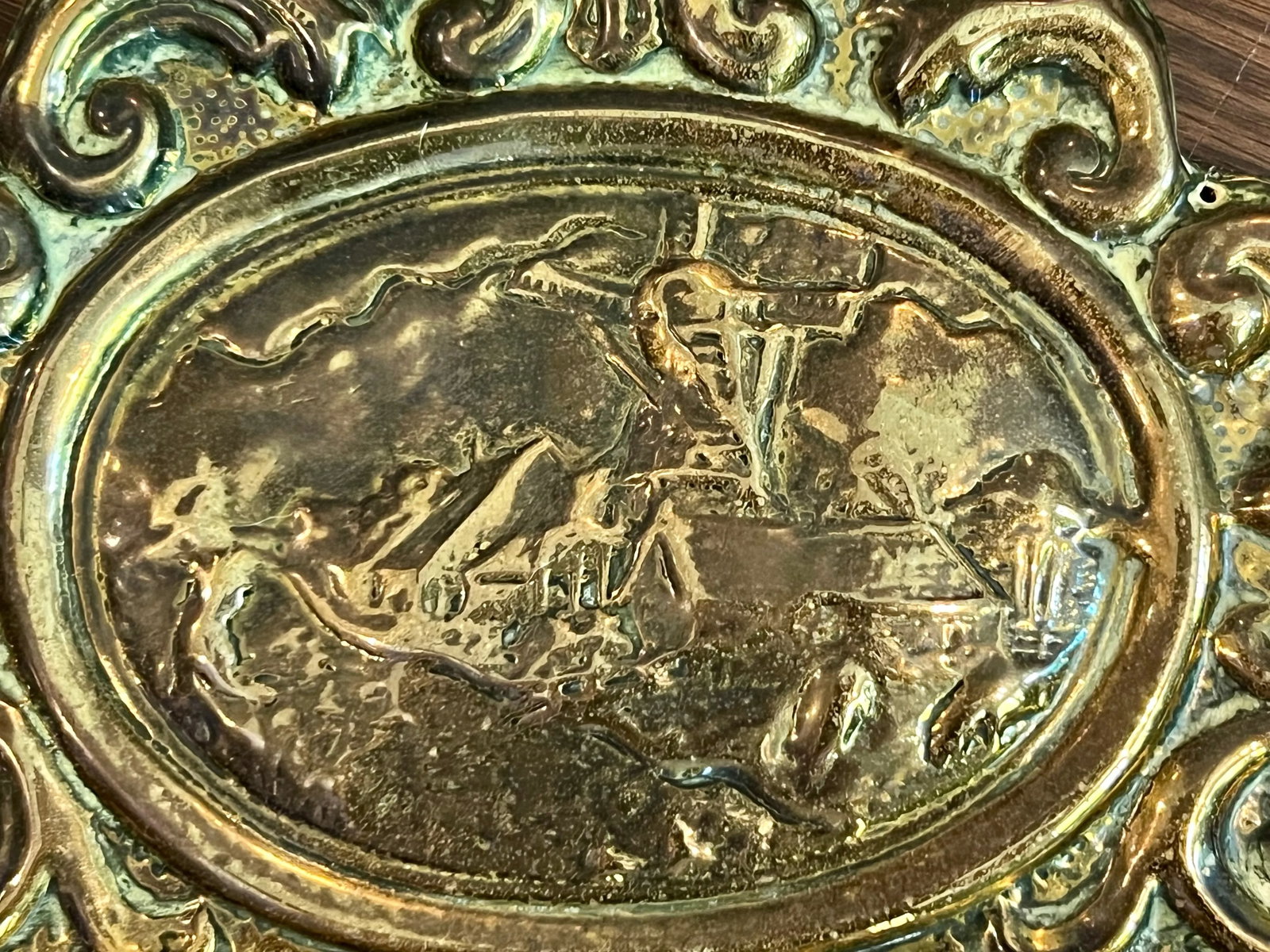 19th Century Brass Mirror With Beveled Glass-Dutch Scene Embellishment - 5